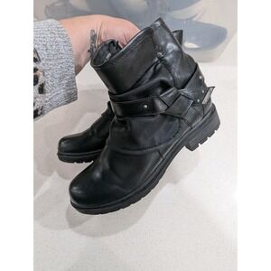 Moto Biker Ankle Boots Black Faux Leather Harness Detail Size 40 8 Edgy Combat